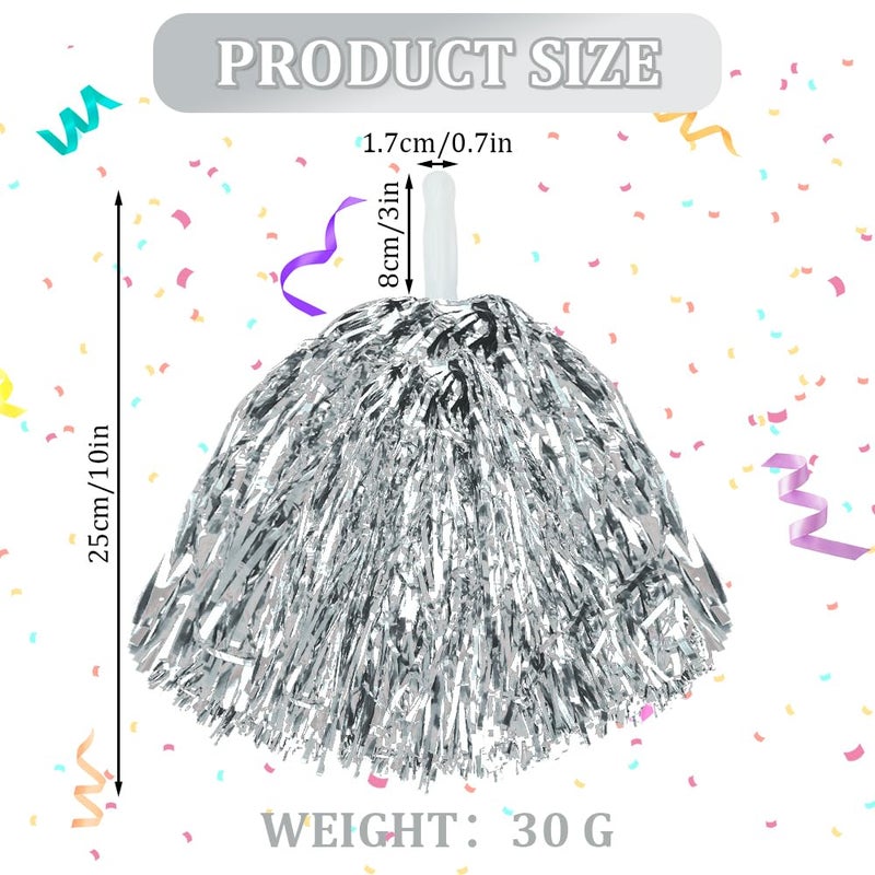 CUGBO 24Pcs Cheerleading Pom Poms, 1 Dozen Handle Metallic Foil Flower Ribbons Cheerleader Pompoms, Kids Children Ball Dance Sports Coaches Game Party Fancy (Silver) - Image 2